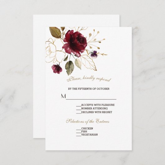 Whimsical Burgundy Gold Blume Hochzeit RSVP (Vorne/Hinten)