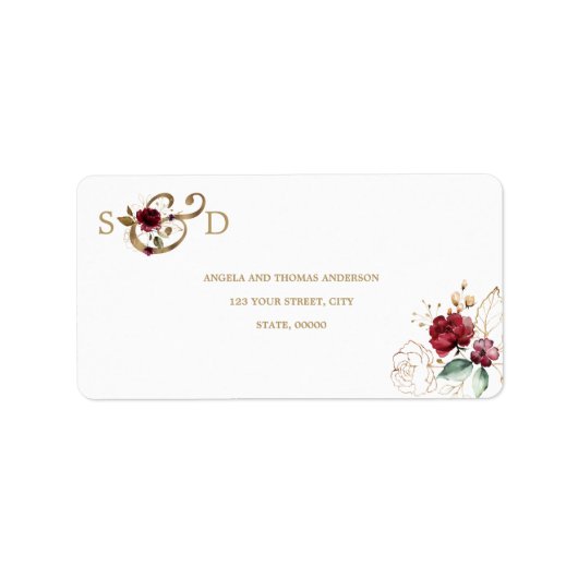 Whimsical Burgundy Gold Blume Monogram Wedding Adressaufkleber (Vorne)