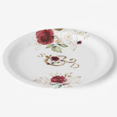 Whimsical Burgundy Gold Blume Monogram Wedding Pappteller (Schrägansicht)