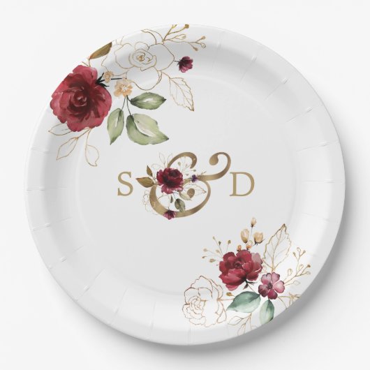 Whimsical Burgundy Gold Blume Monogram Wedding Pappteller (Vorderseite)