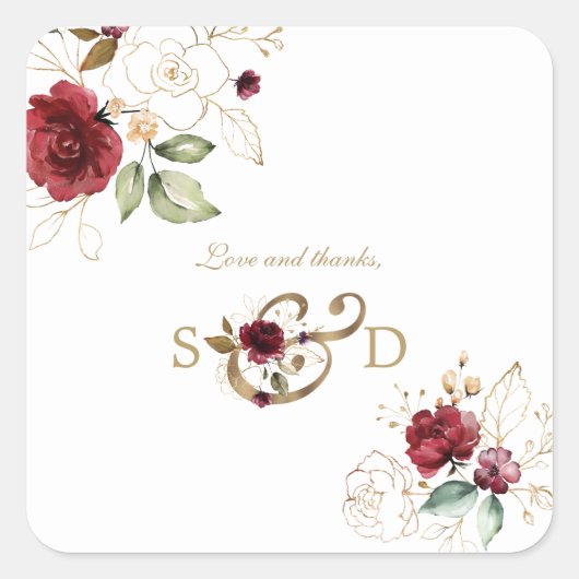 Whimsical Burgundy Gold Blume Monogram Wedding Quadratischer Aufkleber (Vorderseite)