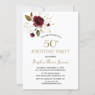 Whimsical Burgundy Gold Floral 50th Birthday Einladung