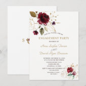 Whimsical Burgundy Gold Floral Monogram Verlobung Einladung (Vorne/Hinten)