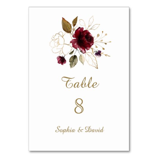Whimsical Burgundy Gold Floral Tischnummer (Rückseite)