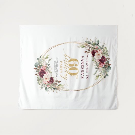 Whimsical Burgundy Gold Greenery 60th Birthday Wandteppich (Vorderseite (Horizontal))