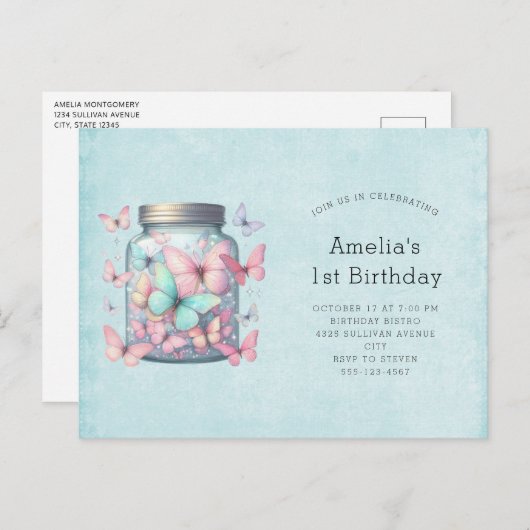 Whimsical Butterflies in a Jar Birthday Einladungspostkarte (Vorne/Hinten)