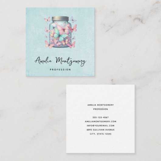 Whimsical Butterflies in a Jar Quadratische Visitenkarte (Vorne/Hinten)