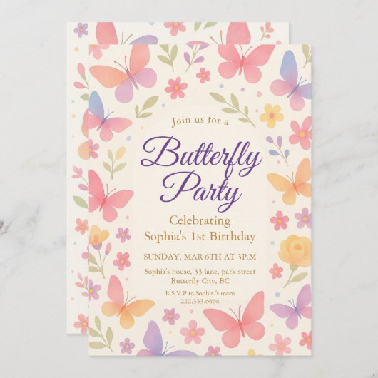 Whimsical Butterfly 1st Birthday Party Einladung (Vorne/Hinten)