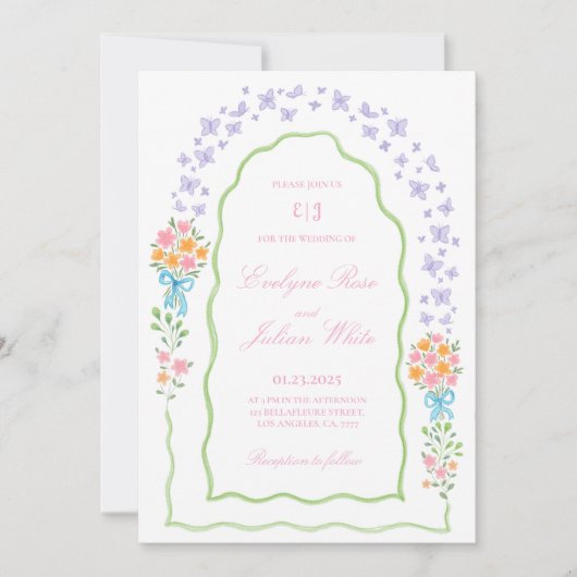 Whimsical Butterfly and Floral Weditation Einladung (Vorderseite)