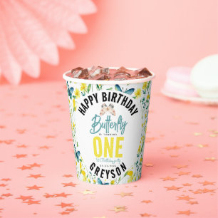 Whimsical Butterfly Floral 1. Geburtstag Pappbecher