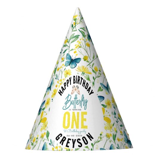 Whimsical Butterfly Floral 1. Geburtstag Partyhütchen (Vorderseite)