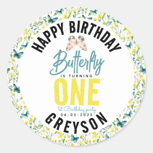Whimsical Butterfly Floral 1. Geburtstag Runder Aufkleber (Vorderseite)