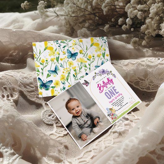 Whimsical Butterfly Garden 1. Geburtstag Foto Einladung