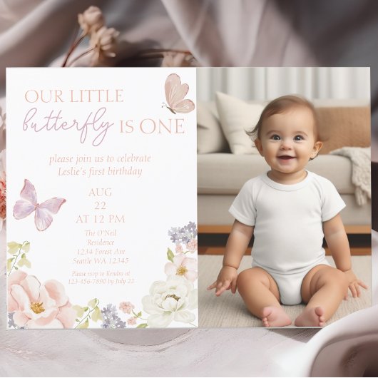 Whimsical Butterfly Garden Erster Geburtstag Foto Einladung