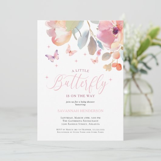 Whimsical Butterfly Pink Floral Baby Dusche Einladung (Stehend Vorderseite)