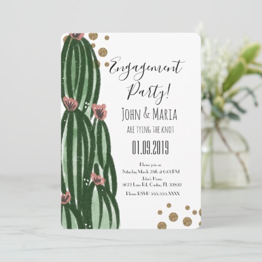 Whimsical Cactus Engagement Party Imitate Glitzer  Einladung (Stehend Vorderseite)