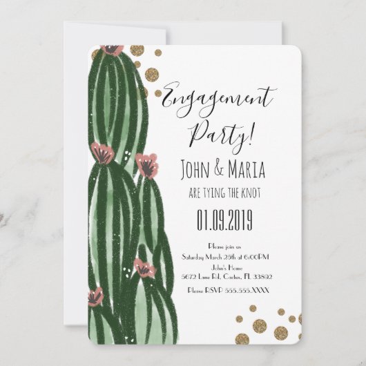 Whimsical Cactus Engagement Party Imitate Glitzer Einladung (Vorderseite)