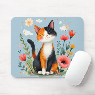 Whimsical Calico Cat   Blumencocktail Art Mousepad