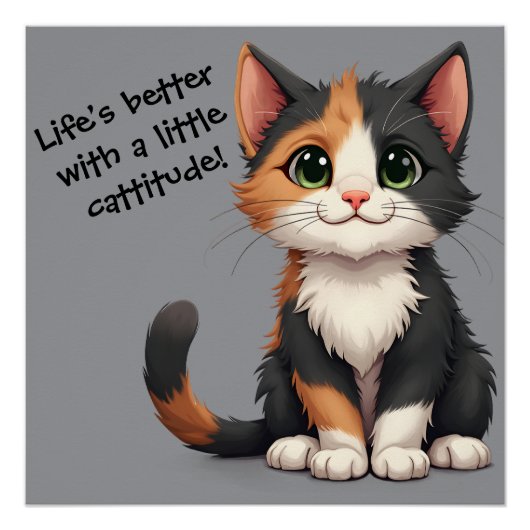 Whimsical Calico Kitten mit Cattitude Poster (Vorderseite)