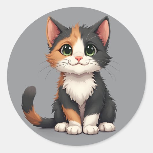 Whimsical Calico Kitten mit Cattitude Runder Aufkleber (Vorderseite)