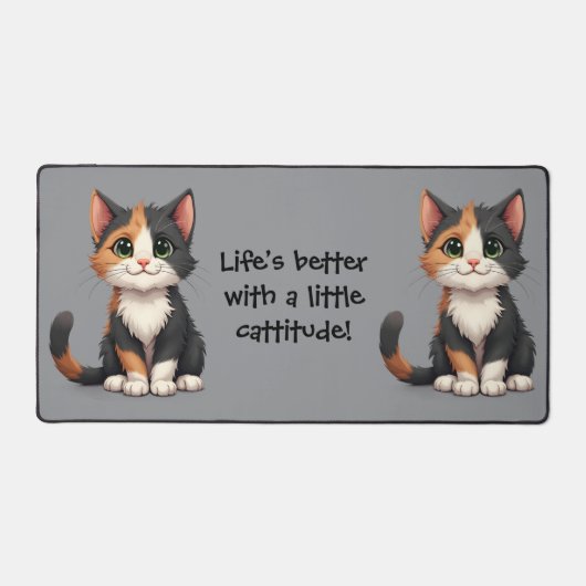 Whimsical Calico Kitten mit Cattitude Schreibtischunterlage (Vorderseite)