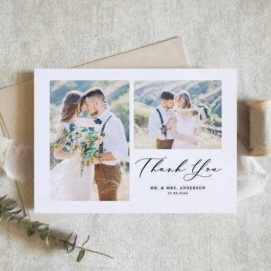 Whimsical Calligraphy Black Foto Collage Wedding Dankeskarte