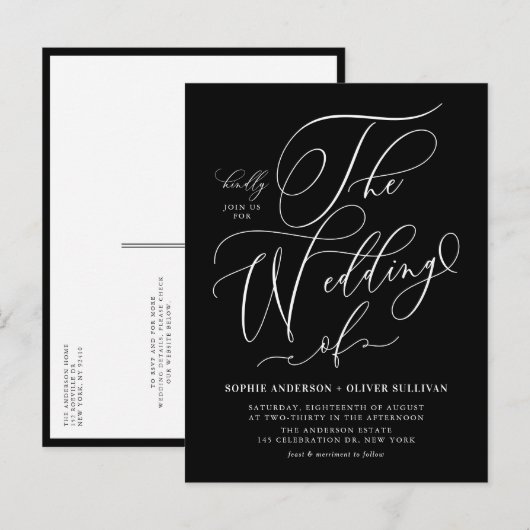 Whimsical Calligraphy Black Wedding QR Code Einladungspostkarte (Vorne/Hinten)