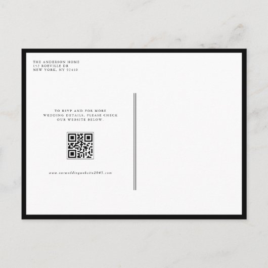 Whimsical Calligraphy Black Wedding QR Code Einladungspostkarte (Rückseite)