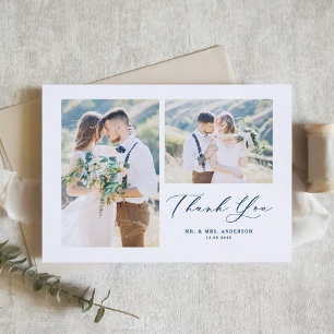 Whimsical Calligraphy Blue Foto Collage Wedding Dankeskarte