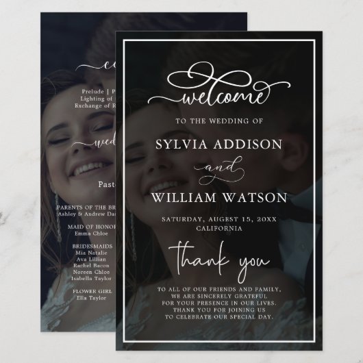 Whimsical Calligraphy Foto Hochzeitfeier (Vorne/Hinten)