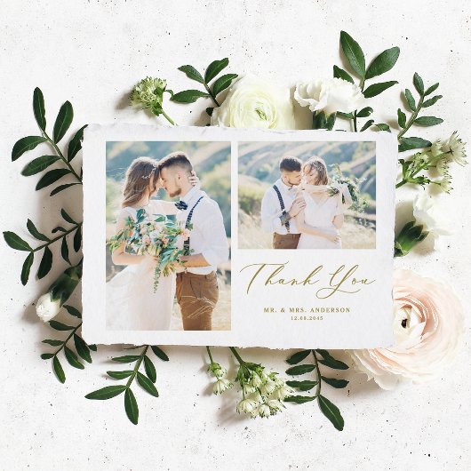 Whimsical Calligraphy Gold Foto Collage Wedding Dankeskarte