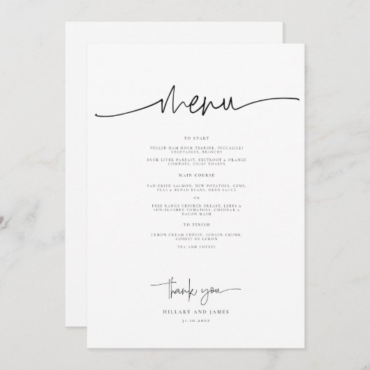Whimsical Calligraphy Modern Wedding Dinner Menükarte (Vorne/Hinten)