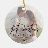 Whimsical Calligraphy verblasste Foto Mr. and Mrs. Keramik Ornament (Vorne)