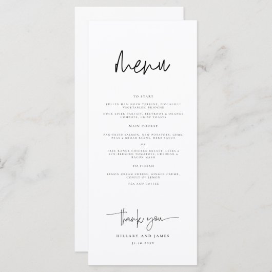 Whimsical Calligraphy Wedding Dinner Menükarte (Vorne/Hinten)