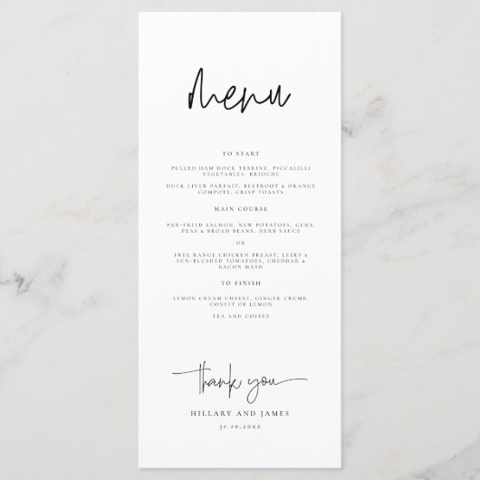 Whimsical Calligraphy Wedding Dinner Menükarte (Vorderseite)