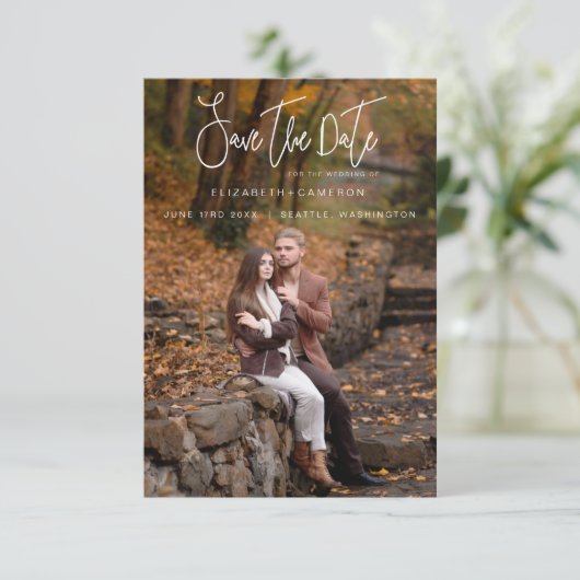 Whimsical Calligraphy Wedding Foto Verlobung Save The Date (Stehend Vorderseite)