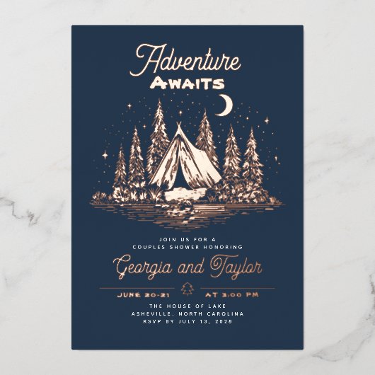 Whimsical Camping Couples Shower Adventure Awaits Folieneinladung (Vorderseite)