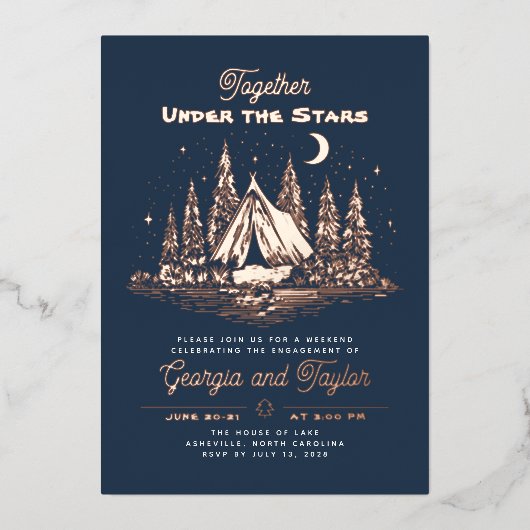 Whimsical Camping Under the Stars Engagement Party Folieneinladung (Vorderseite)