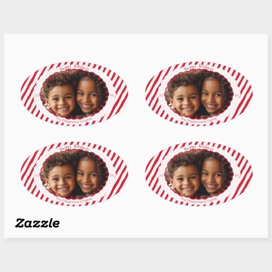 Whimsical Candy Cane Stripe Holiday Photo Ovaler Aufkleber (Blatt)