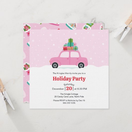 Whimsical Car with Christmas Gifts in Pink Einladung (Vorderseite/Rückseite Beispiel)
