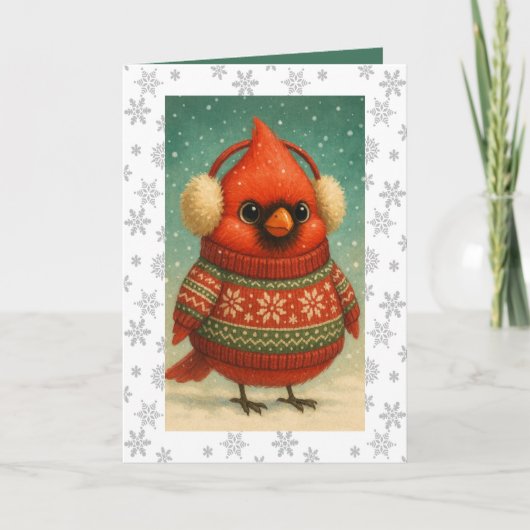 Whimsical Cardinal in Earmuffs Christmas Karte (Vorderseite)