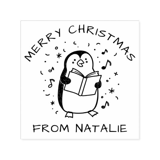 Whimsical Carol Singing Penguin Frohe Weihnachten Permastempel (Design)