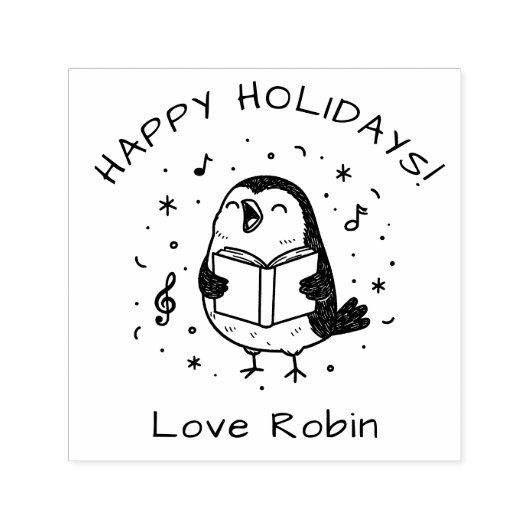 Whimsical Carol Singing Robin Frohe Weihnachten Permastempel (Design)