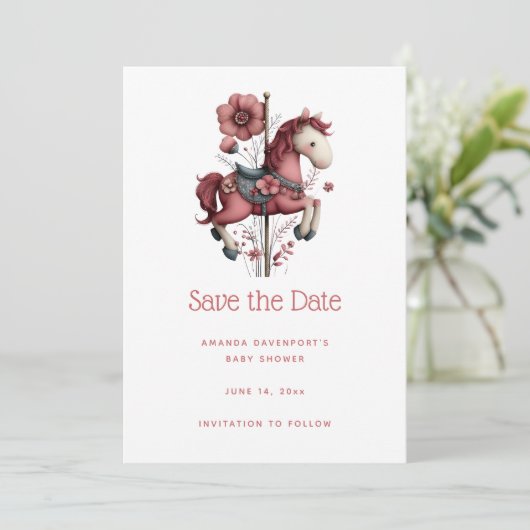 Whimsical Carousel Horse Image Baby Shower Save The Date (Stehend Vorderseite)
