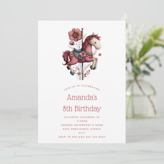 Whimsical Carousel Horse Image Birthday Einladung (Stehend Vorderseite)