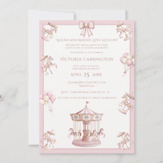 Whimsical Carousel Pink Baby Dusche Einladung (Vorderseite)
