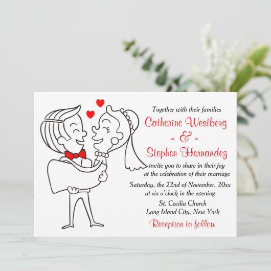 Whimsical Cartoon Braut & Groom Red, White Wedding Einladung (Stehend Vorderseite)