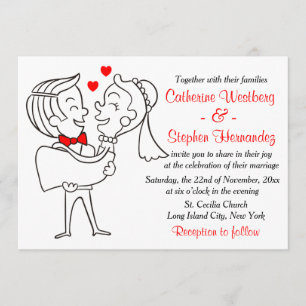 Whimsical Cartoon Bride & Groom Red, White Wedding Einladung