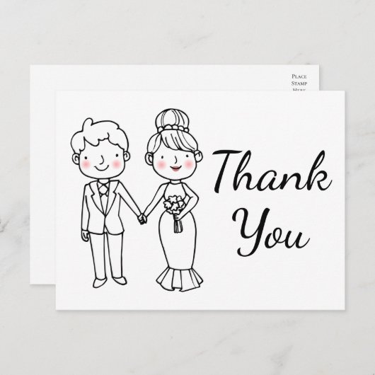 Whimsical Cartoon Bride Groom Wedding Vielen Dank Postkarte (Vorne/Hinten)