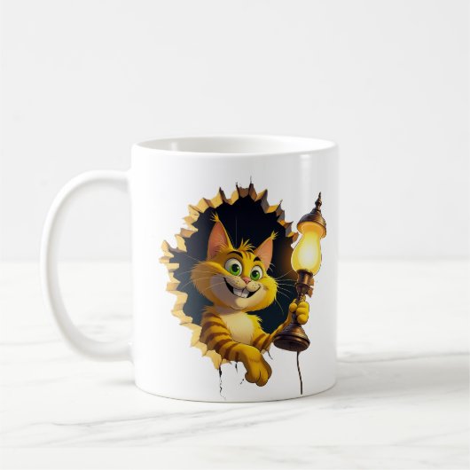 Whimsical Cartoon Cat Holen einer Lampe durch eine Kaffeetasse (Links)
